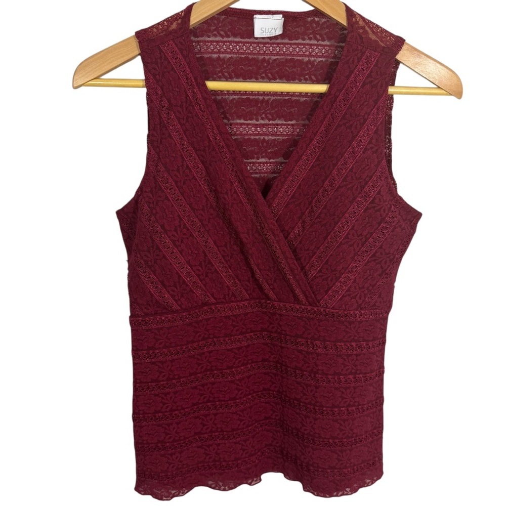 Vintage Y2K Suzy Shier Lace Baby Doll Top Sz S Burgundy Red Sheer V-Neck Tank